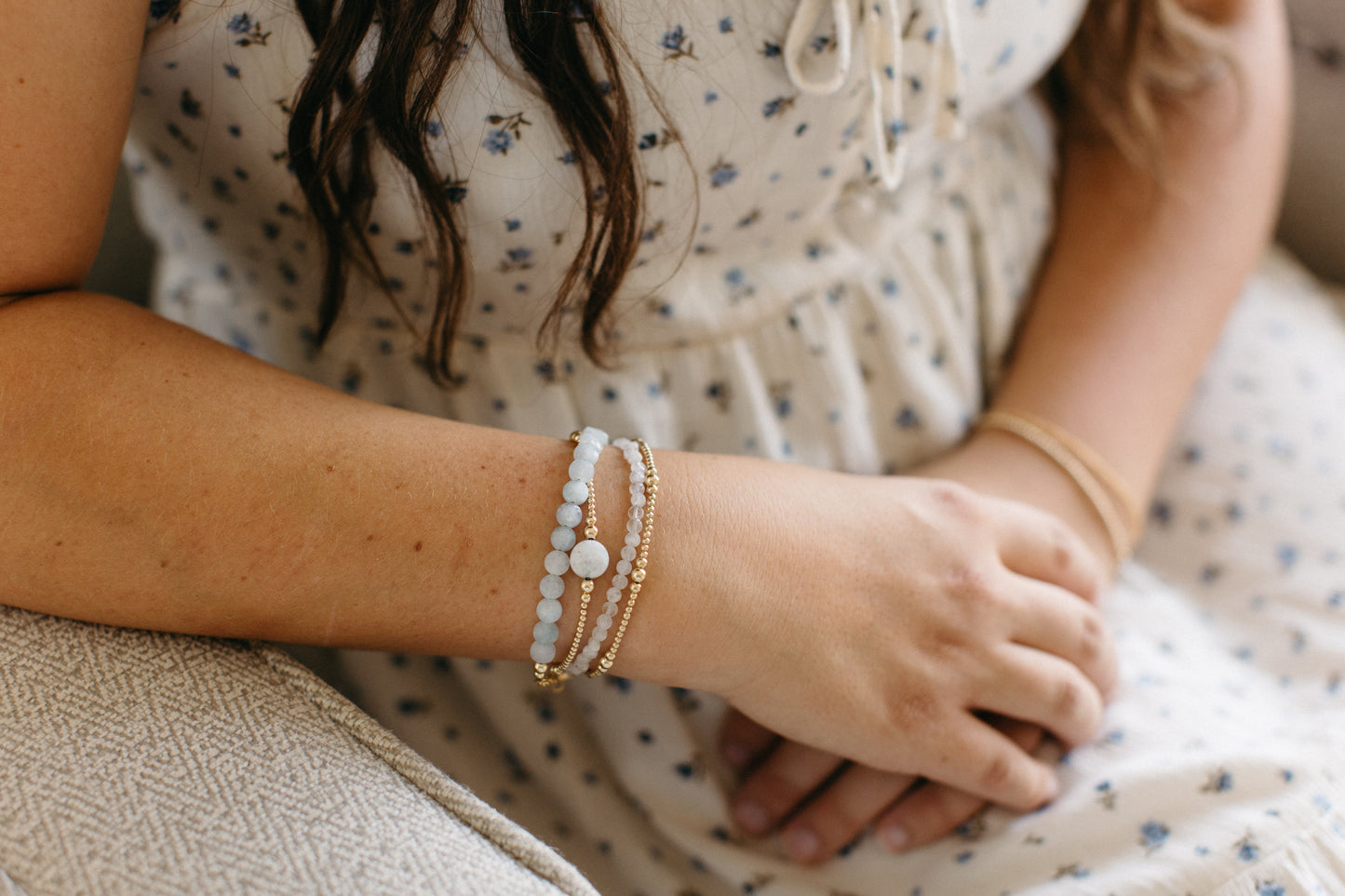 Moonstone + Aquamarine Coins Bracelet Stack